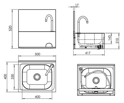Commercial Knee-Operated Hand Wash Sink 500x417x520mm
