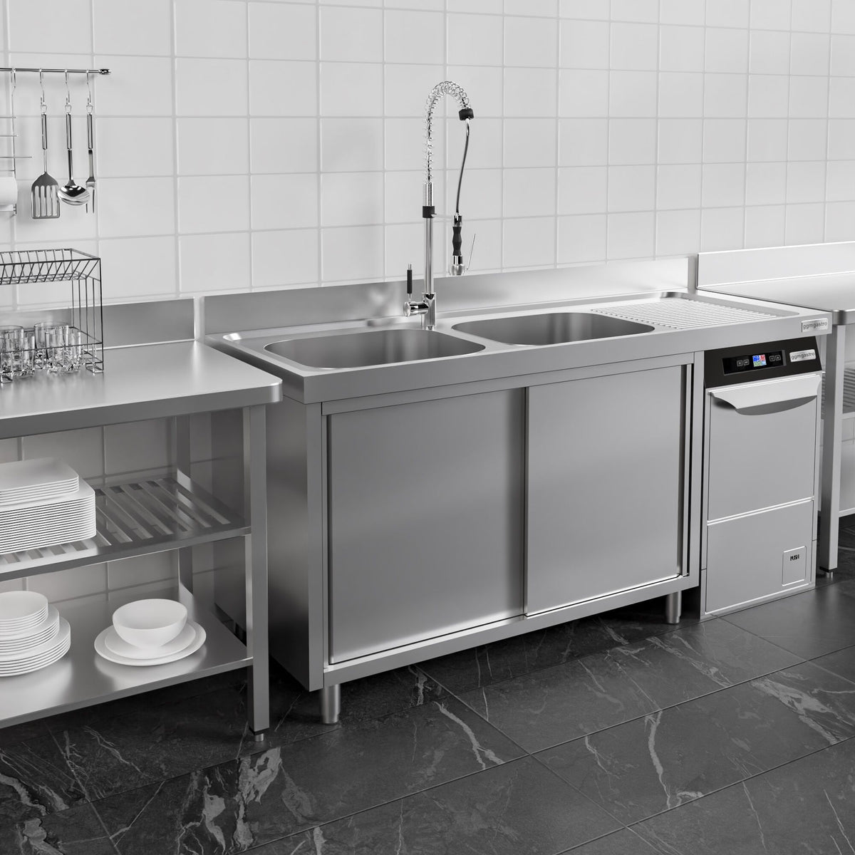 Commercial Dishwasher Sink with Cupboard 2000x700x970mm