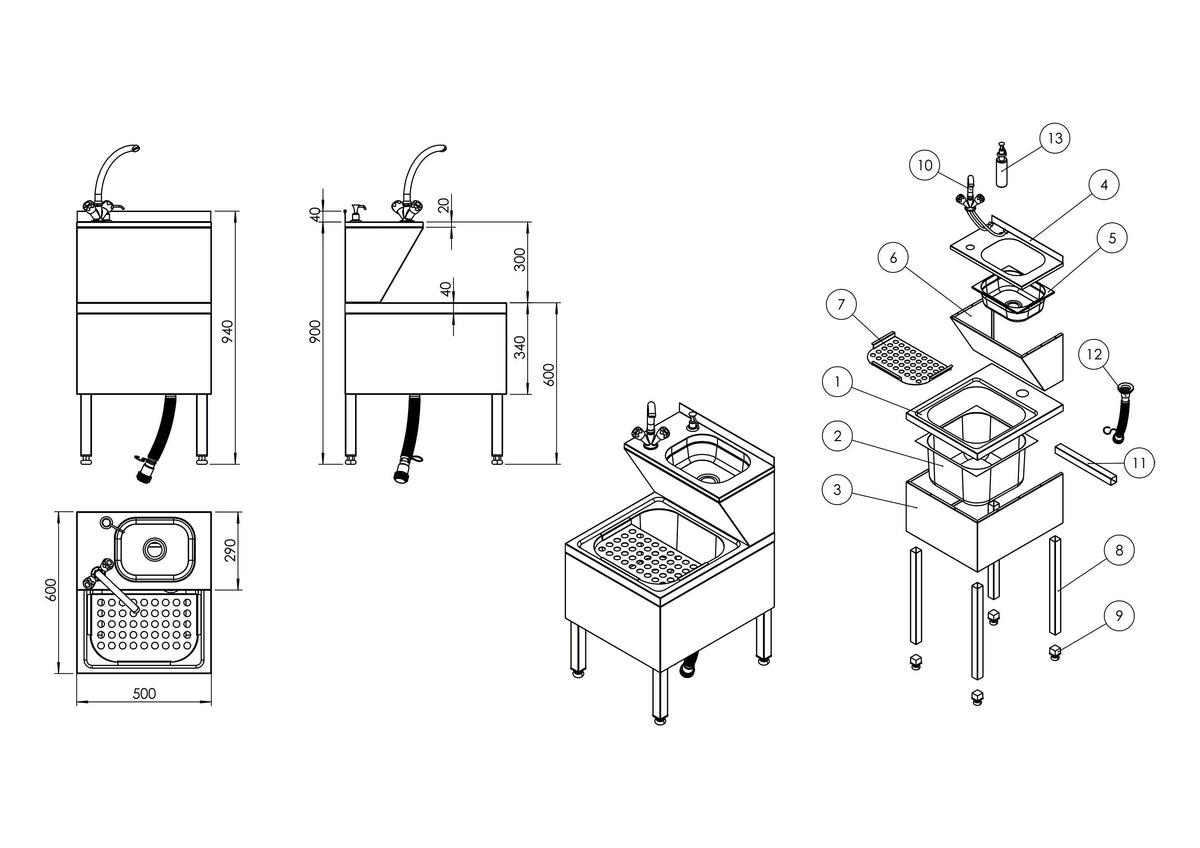 Commercial Hand Wash & Mop Sink 500x600x940mm